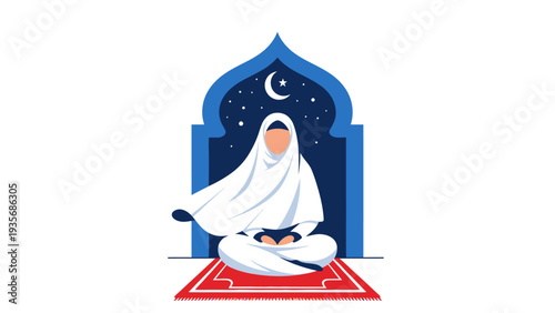 Woman in white hijab meditating on prayer mat under crescent moon.
