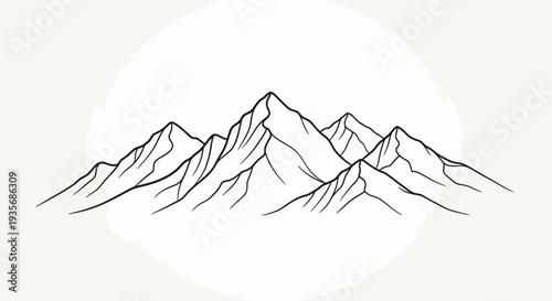 Line art illustration of mountain range under sun symbol isolated