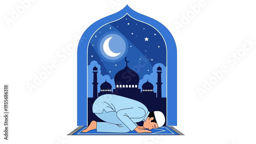 Muslim man praying under the crescent moon in a serene night sky.