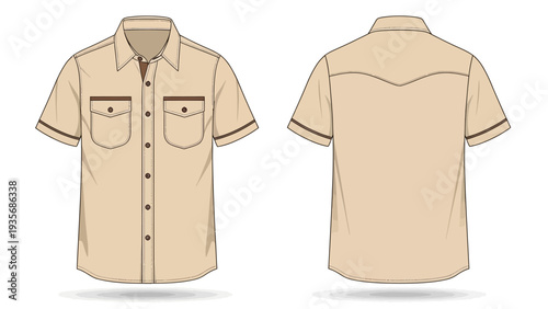 Tan short sleeve button down shirt with two breast pockets.