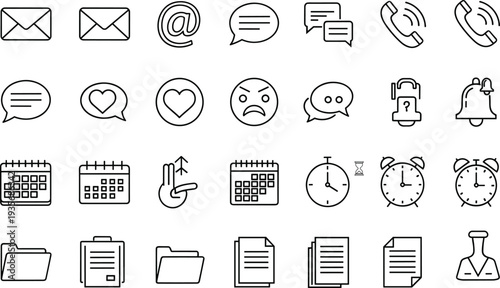 Communication, scheduling, and document line icons, digital interface symbols, time management tools, privacy elements, messaging resources, vector design collection