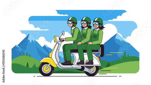 Three people riding a scooter together in a scenic landscape.