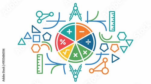 Colorful illustration of mathematical symbols and shapes for Pi Day, education and fun in a playful design