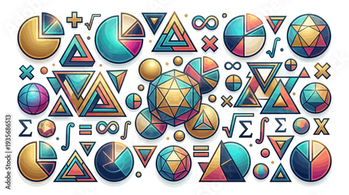 Colorful vector illustration of various mathematical symbols and geometric shapes for Pi Day, education, and fun study materials in a vibrant, cartoon style against a clean white background