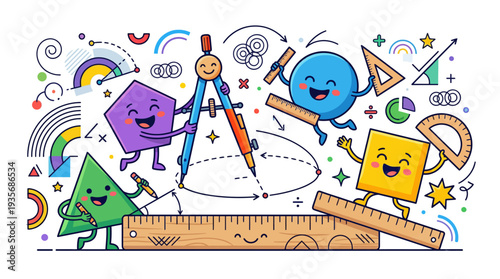 A colorful cartoon illustration of geometric shapes celebrating Pi Day with math symbols and school supplies in a fun educational setting
