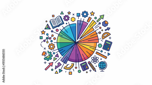 Colorful illustration of a pie chart surrounded by various educational and mathematical symbols for Pi Day in a fun, cartoonish design