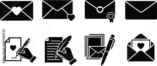 Icon set love envelope and mail symbols for communication and affection