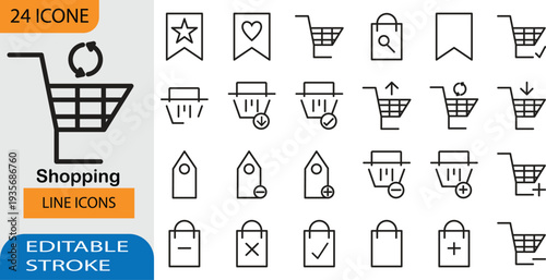 Shopping Line Icons Set – Ecommerce Cart, Bag and Online Store Outline Vector Icons with Editable Stroke