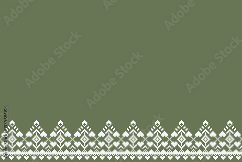 Green and white geometric folk bottom border pattern with pixel-style diamond ornaments and repeating decorative motifs. Wide open upper space suitable for textile panels, fabric trims, layouts, and b