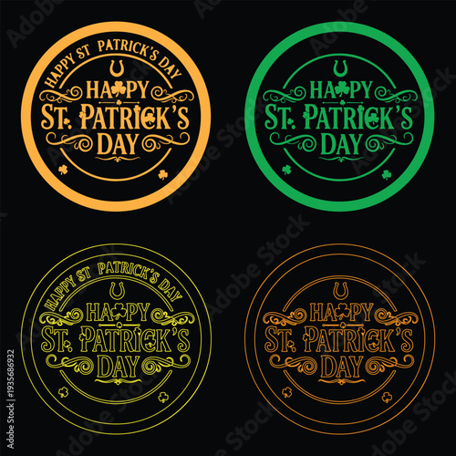 Happy St. Patrick’s Day Circular Badge Logo Set with Vintage Typography, Shamrock and Horseshoe on Black Background