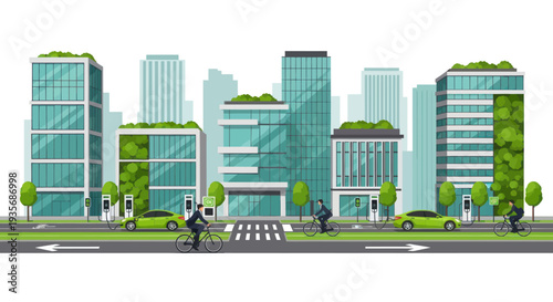 Eco-friendly city skyline with green buildings, electric cars, and cyclists.