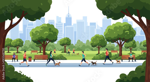 People walking dogs, jogging, and relaxing in a vibrant city park with skyscrapers background.