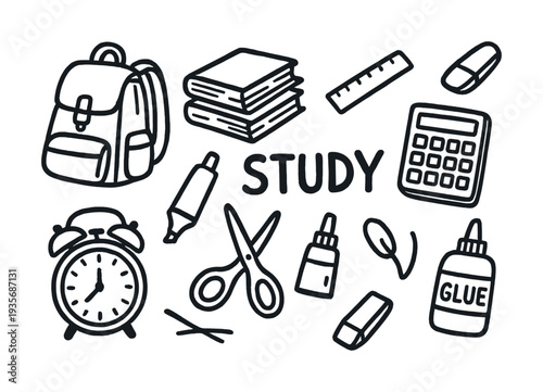 Doodle of study supplies: backpack, books, calculator, scissors, and clock