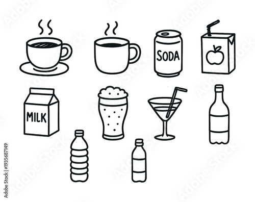 Hand-drawn beverage icons featuring milk, soda, coffee, and juice in minimalist style