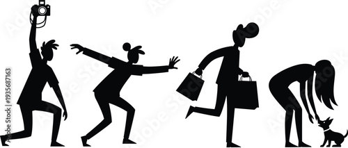 Diverse lifestyle silhouettes featuring photographer, person running, shopper with bags, and woman petting a dog cad drawing flat vector illustration.