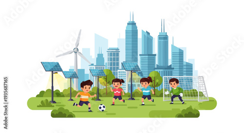 Children playing soccer in a green city with solar panels and wind turbines