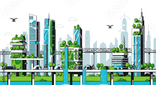 Futuristic eco-city skyline with green buildings, drones, and sustainable transport.