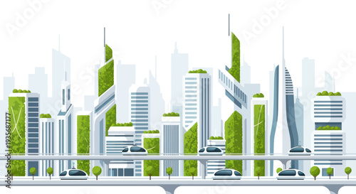 Eco-friendly futuristic cityscape with green buildings and autonomous vehicles