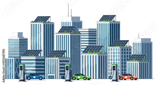 Modern City Skyline with Electric Cars and Solar Panels on Buildings
