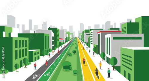 Green city bicycle lane and pedestrian path with cyclists and walkers.