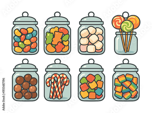 Colorful candy collection in glass jars with lollipops and marshmallows