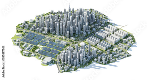 Eco-friendly city skyline with solar panels, modern architecture, and green spaces