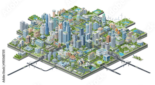 Isometric Smart Cityscape with Skyscrapers, Green Spaces, and Wind Turbines