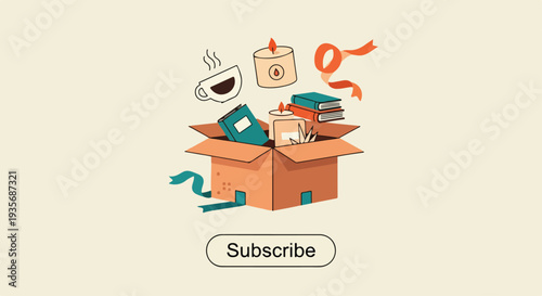 Subscription Box Concept: Illustration of Gift Box with Books, Candles, and Coffee for Lifestyle Service