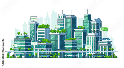 Eco-friendly cityscape with green buildings, rooftop gardens, and sustainable transport.