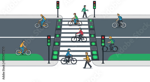 Pixel Art Pedestrian Crossing with Cyclists and Traffic Lights