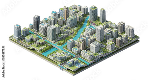 Isometric Eco Cityscape with Green Buildings and Waterways - Sustainable Urban Development
