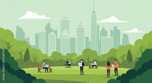 People working on laptops in a park with city skyline background