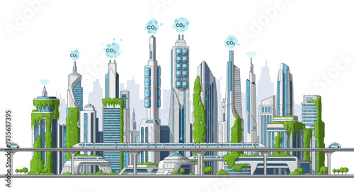 Eco-friendly futuristic cityscape with green buildings, monorail, and clean air symbols