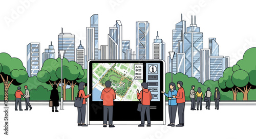People interact with digital map kiosk in a modern cityscape park