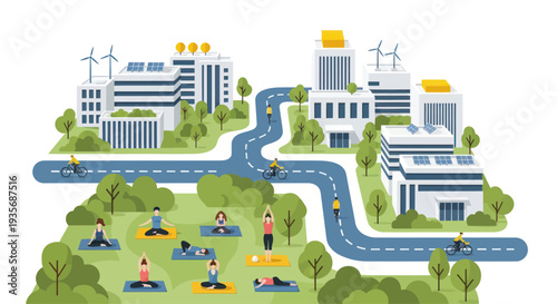 Eco-friendly city life with people doing yoga in park and cycling