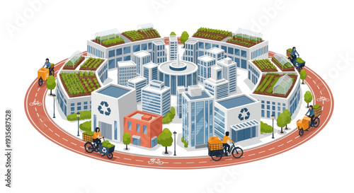 Eco-friendly circular city with green roofs, recycling, and sustainable transport