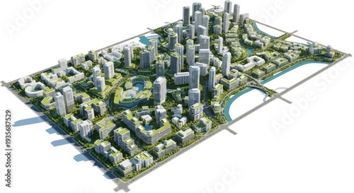Modern Cityscape Aerial View: Sustainable Urban Planning, Eco-Friendly Architecture, High-Rise Buildings
