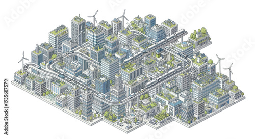 Sustainable Isometric Cityscape with Green Rooftops and Wind Turbines