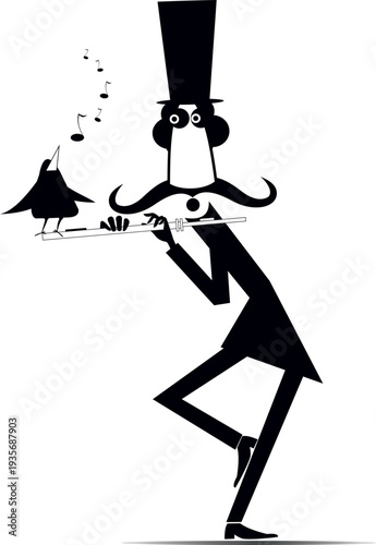 Cartoon musician playing flute. Singing bird