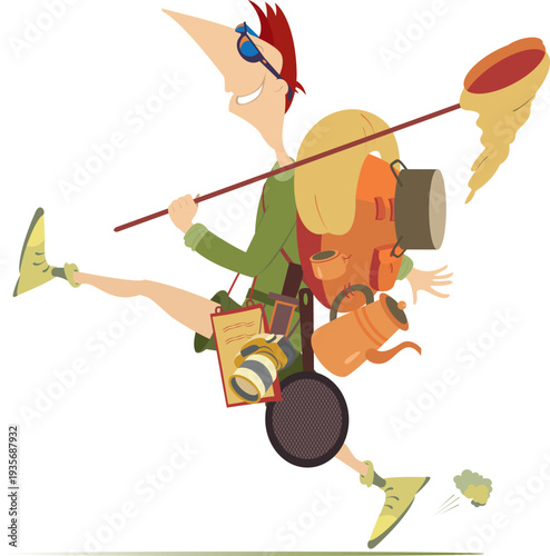 Happy walking traveler man. 
Smiling walking tourist man with tourist equipment on the back. 