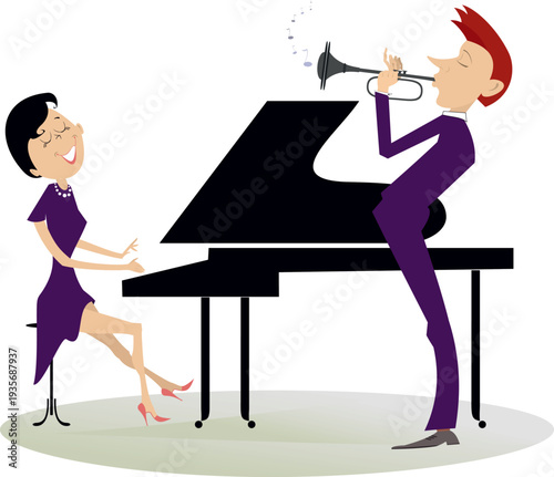 Musicians. Pianist woman and trumpeter man. 