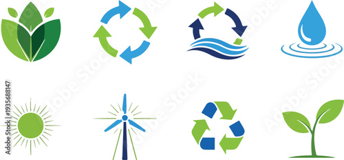 Set of 8 eco-friendly icons vector, green energy symbols for sustainable design