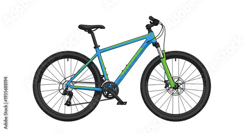 Vibrant blue and green mountain bike with black tires and seat