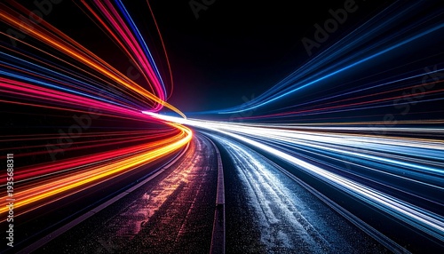 Speeding Lights on the Road at Night Creates Colorful Abstract Trails for High Speed Transport and Technology.