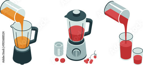 Isometric blender making fresh fruit smoothie and juice, pouring healthy berry drink into glass, kitchen appliance illustration