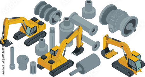 Isometric construction excavator machines and mechanical parts set, industrial equipment, heavy machinery components, engineering industry illustration collection vector