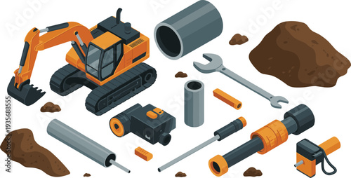 Isometric construction excavator with mechanical parts, pipes and tools, heavy machinery maintenance, engineering repair concept vector illustration