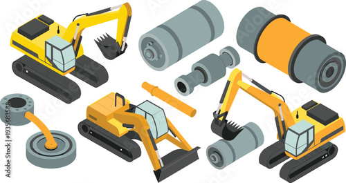 Isometric construction machinery set with excavator, bulldozer, rollers and mechanical parts, heavy equipment engineering industry vector illustration
