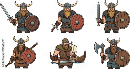 Cartoon Viking Warriors with Swords, Axes, Shields, and Longship – Historical Fighter Vector Set for Fantasy, Adventure, and Cultural Themes