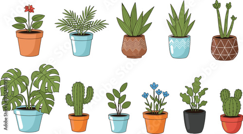 Decorative Indoor Potted Plants Collection with Monstera Cactus Succulent Palm and Flowering Houseplants Flat Vector Botanical Illustration for Home Decor Design.